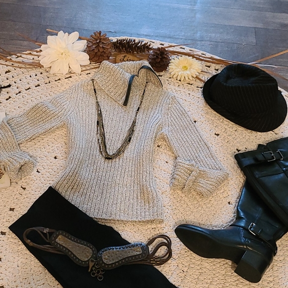 SWEATER GRAY BLACK WITH LEATHER TRIM RIBBED SIZE M - Picture 10 of 16